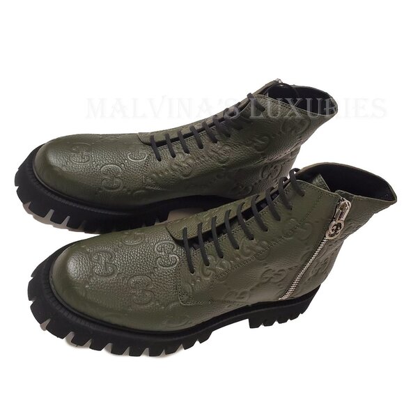 GUCCI BOOTS MENS ANKLE GREEN GG LOGO LEATHER ZIPPER LACE-UP sz 10 10.5 - Picture 8 of 16